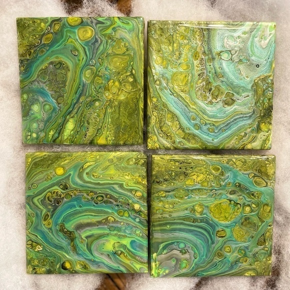 Set of 4 hand painted coasters. Sealed with resin cork backing Blues & greens - Picture 2 of 6